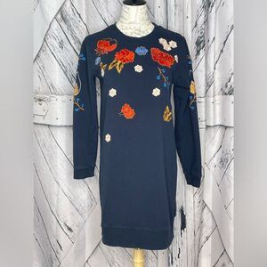 Whistle Sweatshirt Dress Dark Navy W/Embroidered Flowers  Long Sleeves M